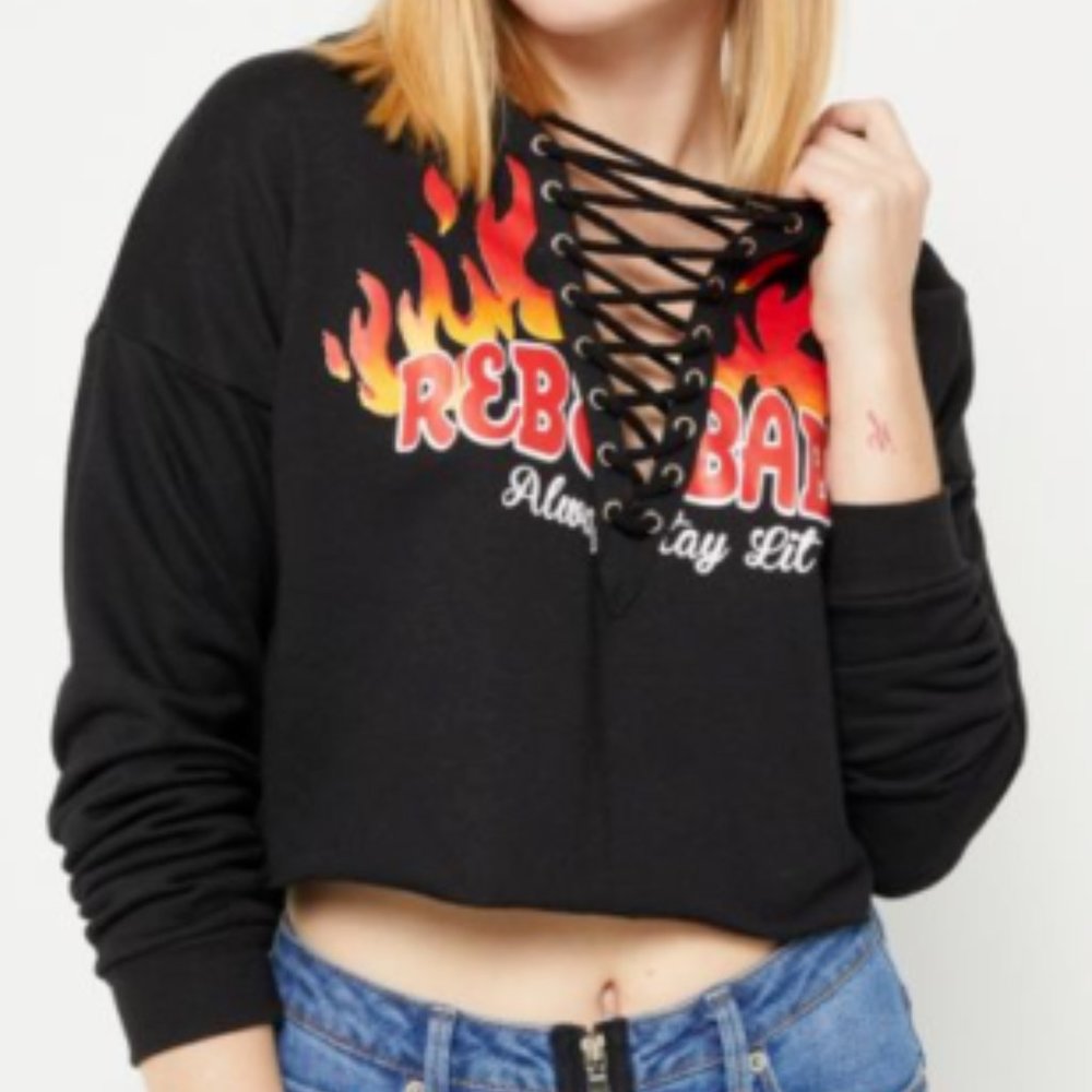 Black Rebel Babe Lace Up Hooded Knit Sweatshirt